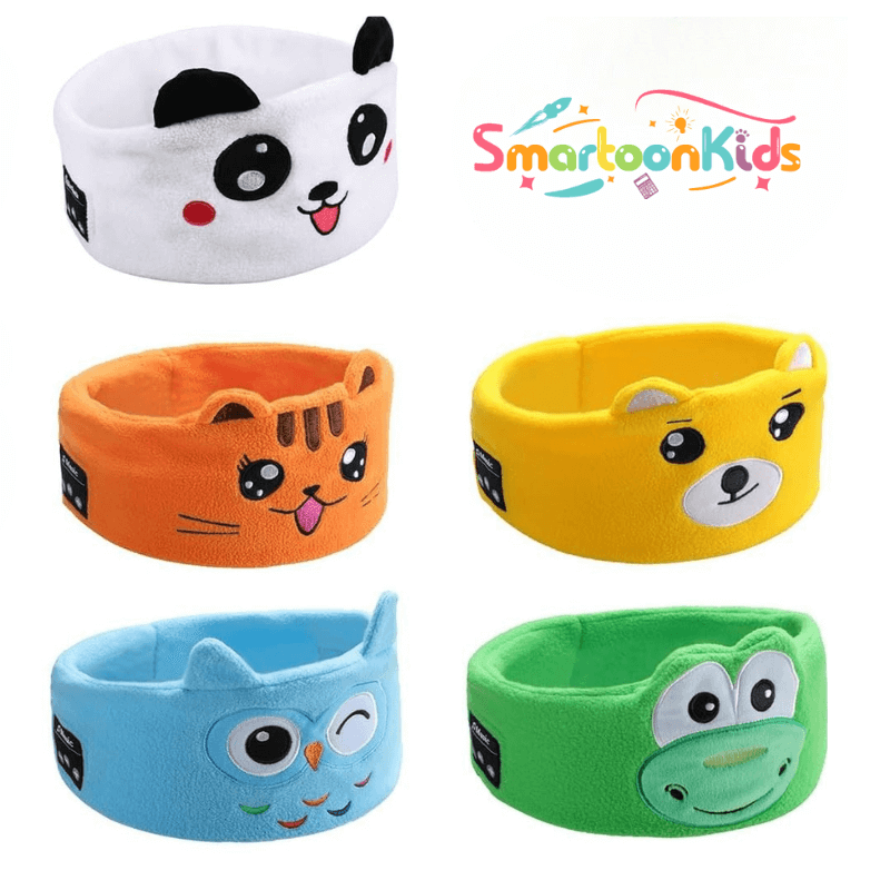 Five versions of SnuggleSounds, soft headphones for kids featuring Panda, Cat, Bear, Owl, and Crocodile designs.