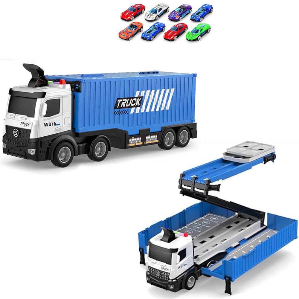 3-in-1 Race Car Transporter toy shown closed and opened into a playset, with storage space and eight mini race cars.