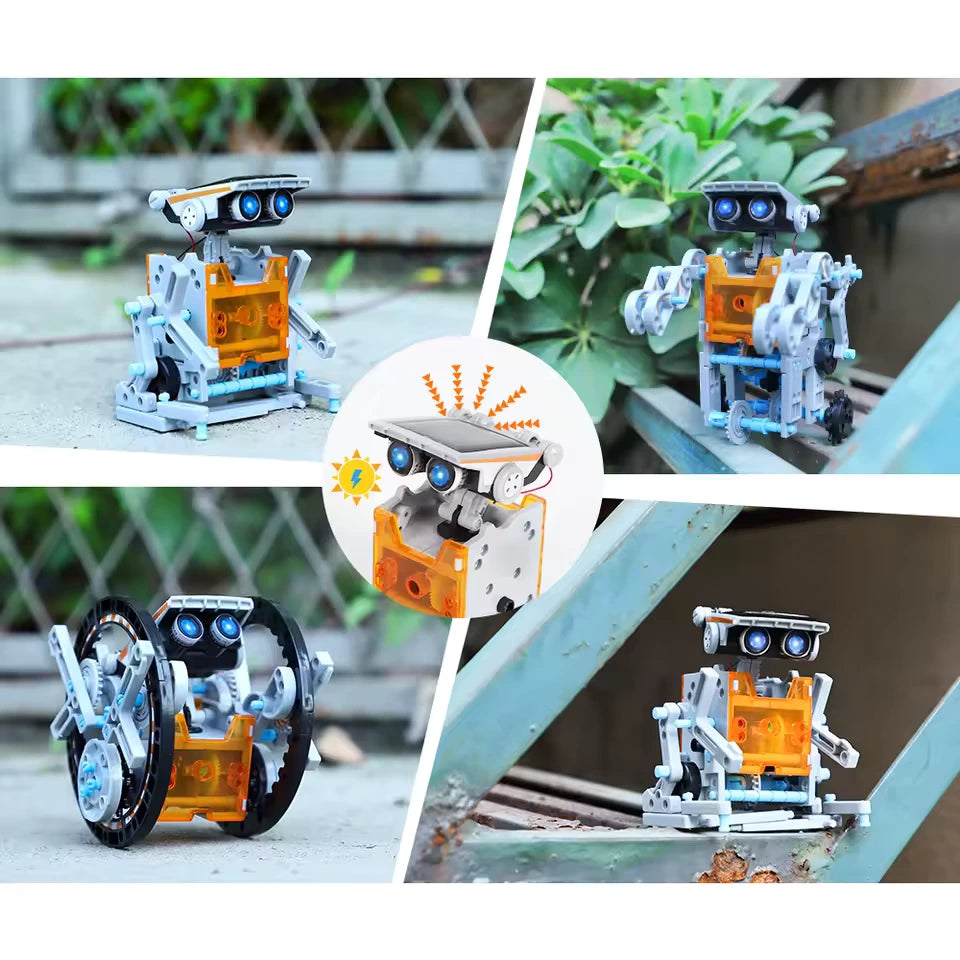 Collage of a 13-in-1 Solar Bot toy in multiple assembled forms outdoors, including walking, rolling, and upright robot builds.