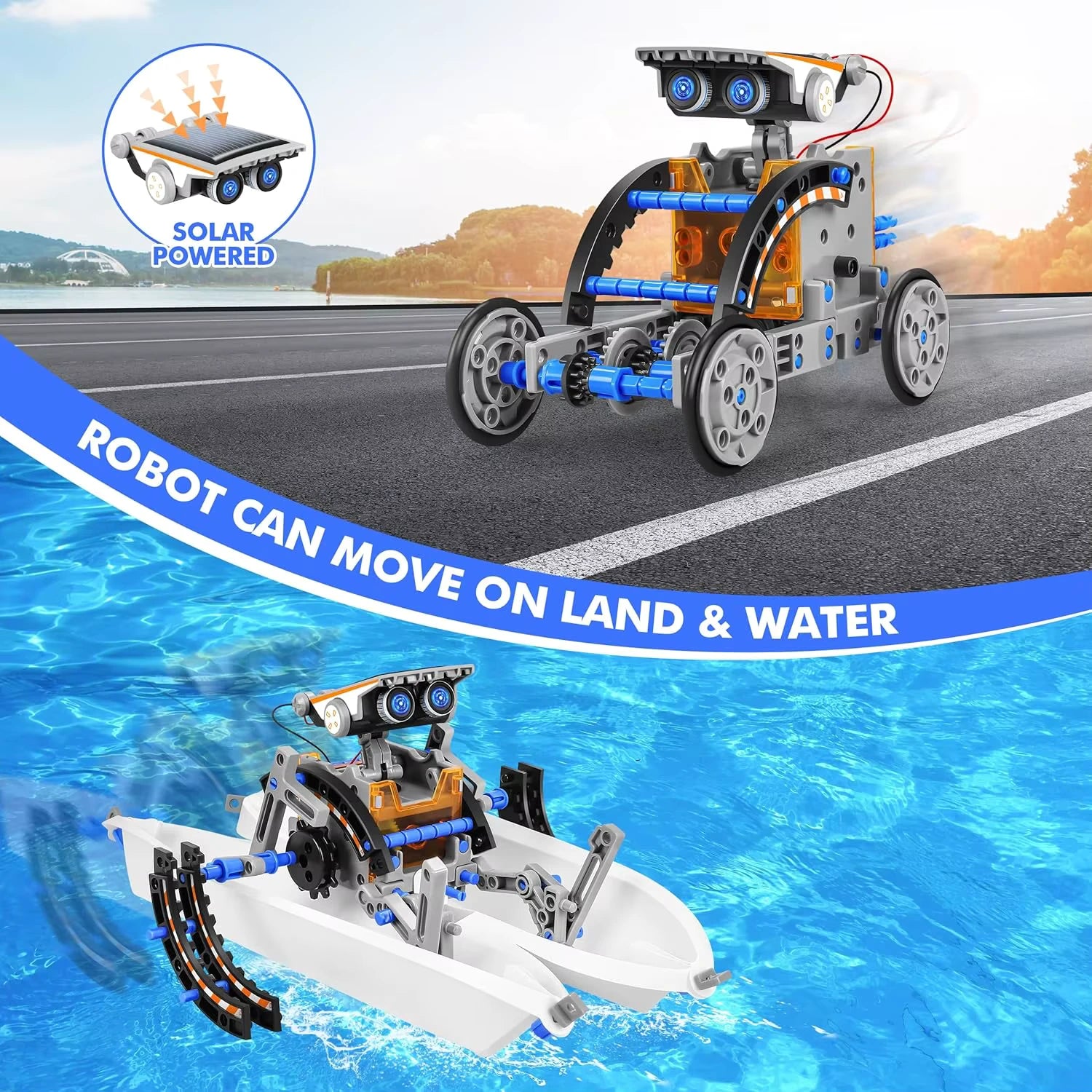 Solar-powered STEM robot toy shown in two builds: a wheeled land robot driving on a road and a paddle boat moving on water.