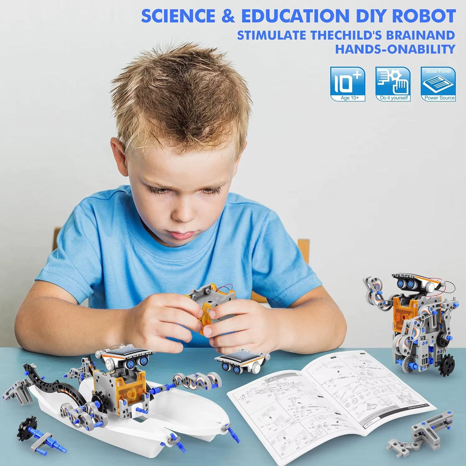 Boy assembling a 13-in-1 Solar Bot STEM toy with multiple build pieces by following an instruction booklet.