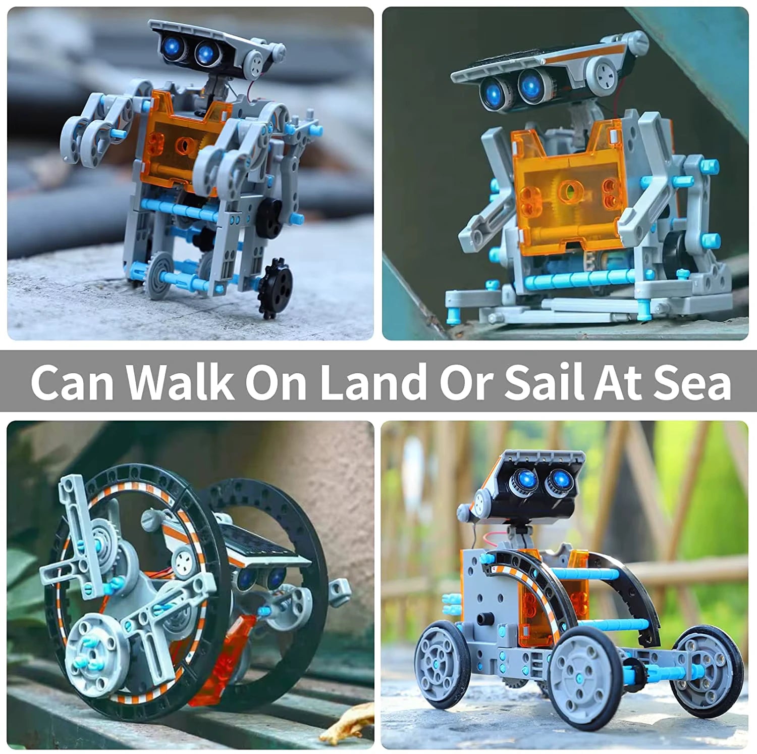 Collage of a solar-powered STEM robot kit in multiple builds, including walking robot, wheeled rover, and circular rolling design for land and water play.