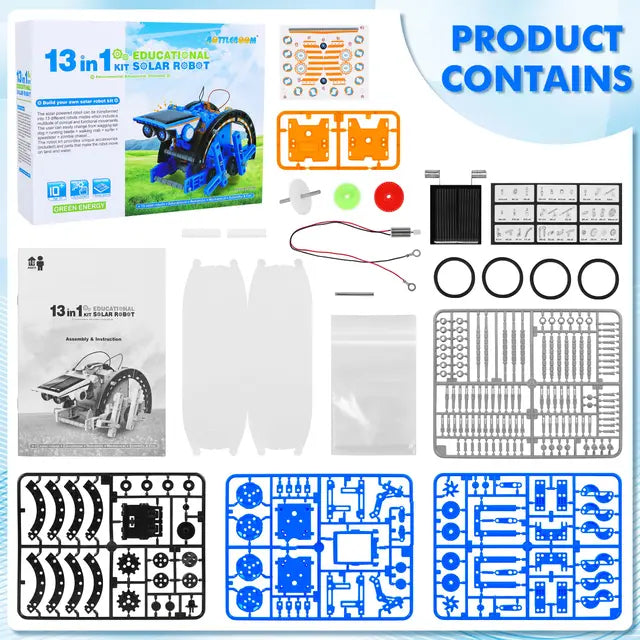 13-in-1 educational solar robot kit with product box, instruction manual, solar panel, motor, gears, wheels, connectors, and plastic building parts included.