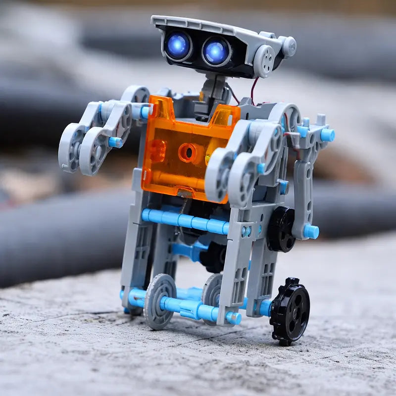 13 in 1 Solar Bot building toy assembled into a standing humanoid-style robot with glowing blue eyes, wheels, and movable arm parts.