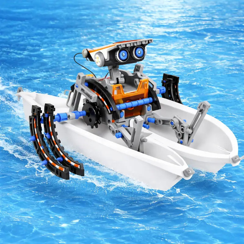 STEM building robot toy assembled as a paddle boat, floating on water with movable mechanical parts and blue eye details.