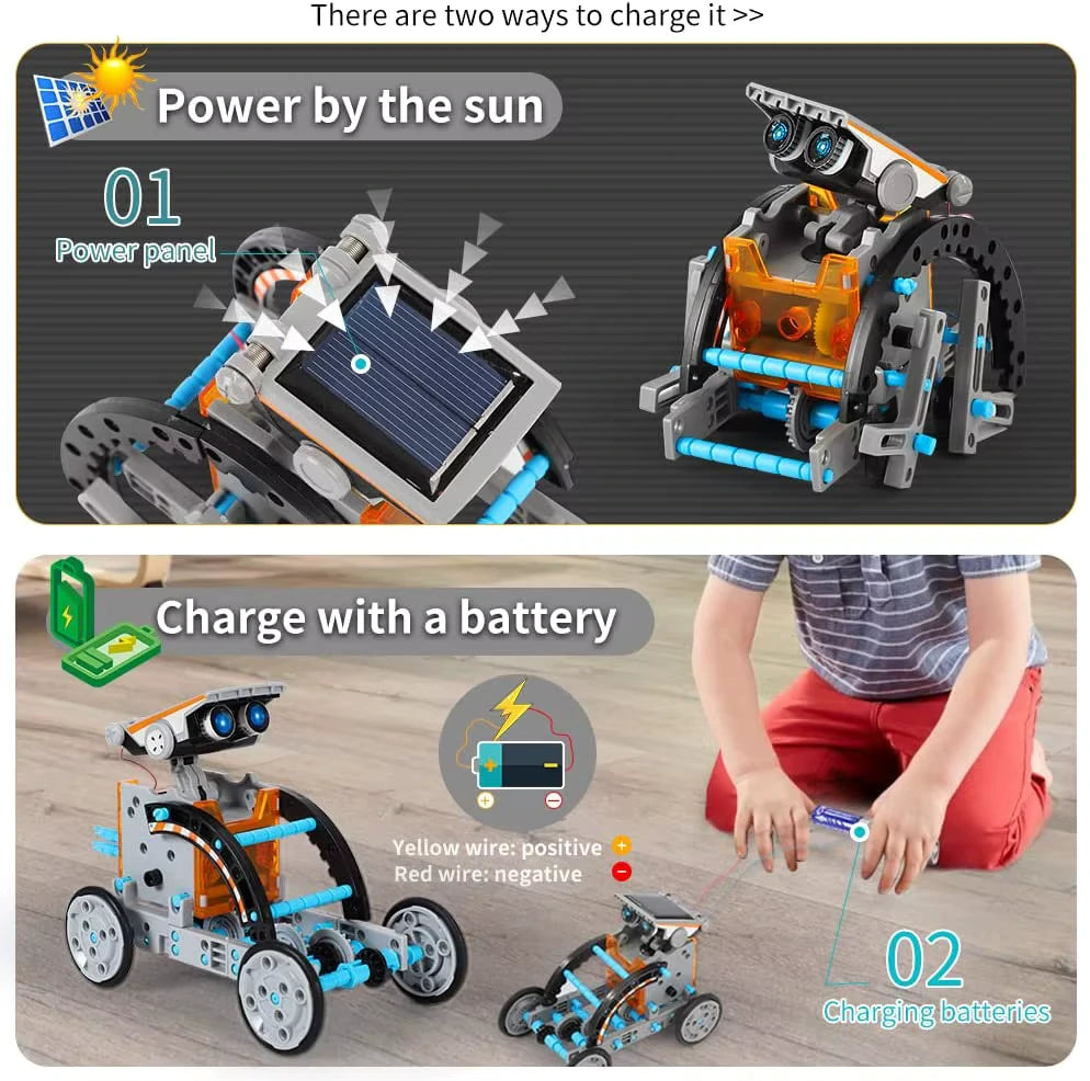 STEM robot kit showing two power options: solar panel charging and battery charging for a buildable wheeled robot.