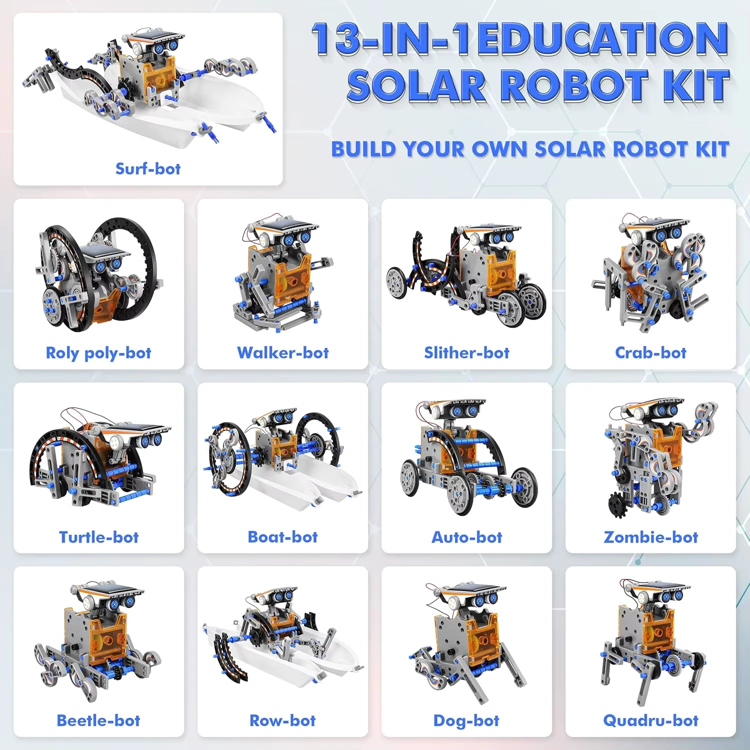 13-in-1 educational solar robot kit chart showing multiple build options, including surf-bot, walker-bot, slither-bot, crab-bot, turtle-bot, boat-bot, auto-bot, zombie-bot, beetle-bot, row-bot, dog-bot, and quadra-bot.