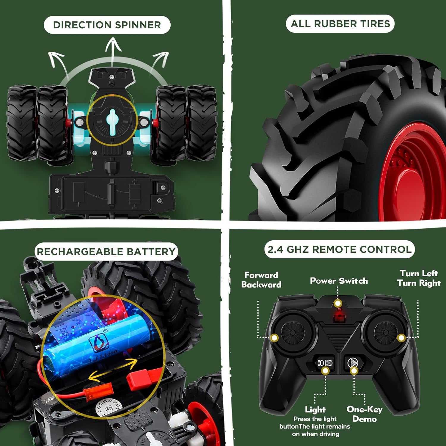 RC Power Tractor toy feature chart showing direction spinner steering, all-terrain rubber tires, rechargeable battery compartment, and 2.4GHz remote control functions for driving, lights, and demo mode.
