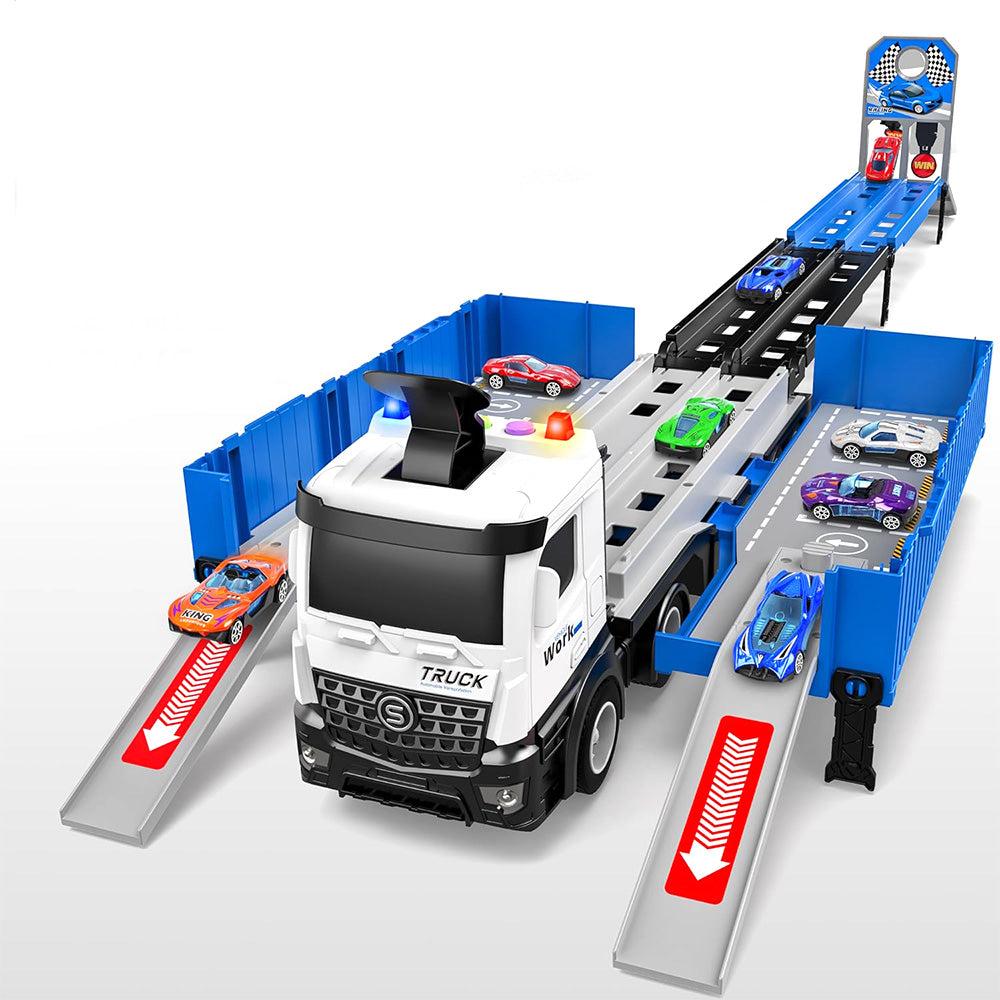 3-in-1 Race Car Trasporter toy with fold-out ramps, parking compartments, race launcher, and multiple colorful mini cars.