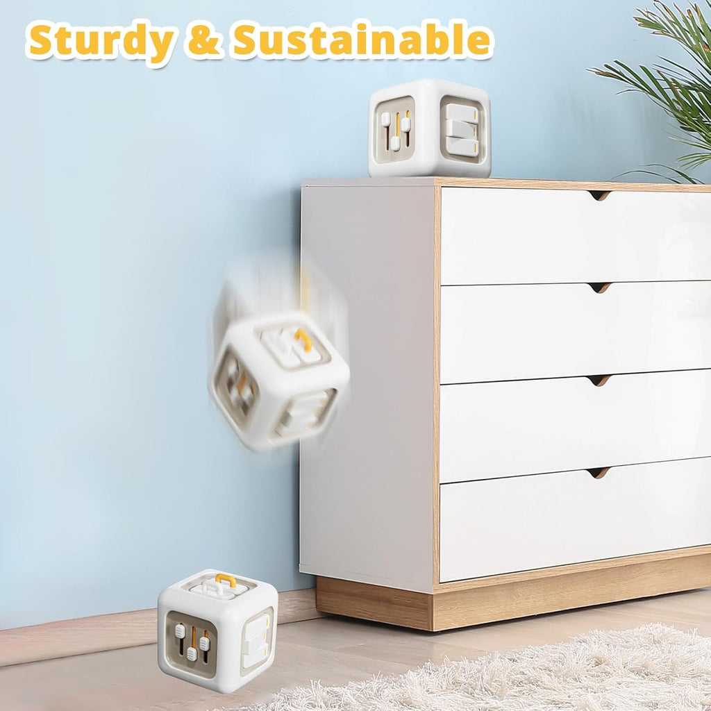 Infographic showing a 6 in 1 Smart Cube falling of the shelf, demonstrating it's durability. 