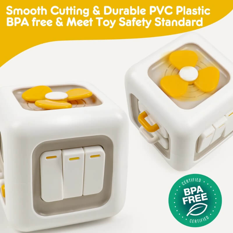 Infographic showcasing smooth and safe design, PVC and BPA-free build of the 6-in-1 Smar Cube toy for toddlers. 