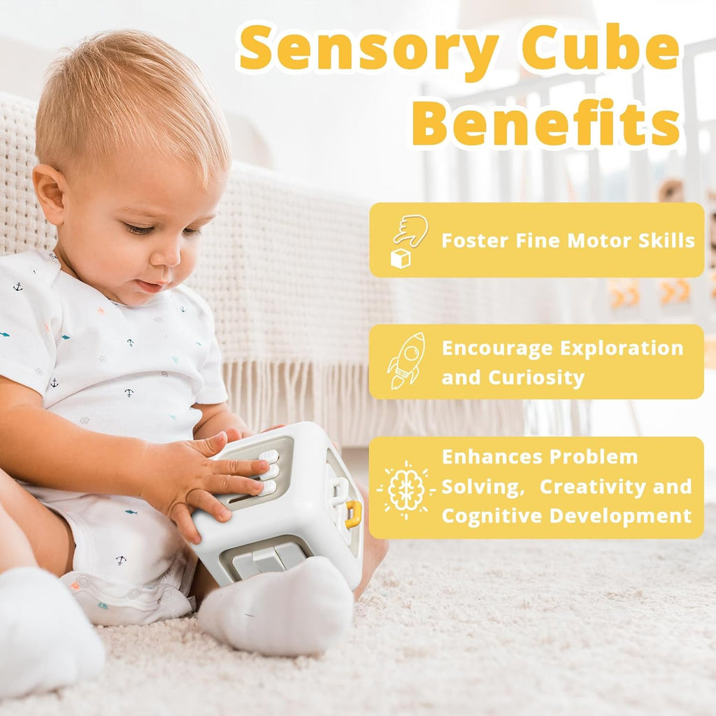 Infographic showcasing educational benefits of the activity cube toy for babies and toddlers, such as fostering fine motor skills, exploration and curiosity, enhancing problem solving, creativity and cognitive development. 