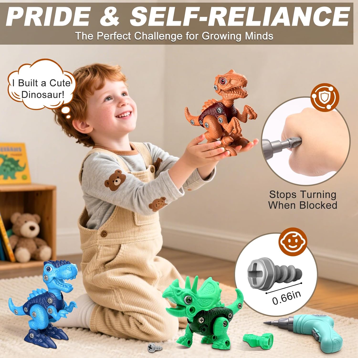 Toddler smiling and holding a buildable dinosaur toy, with two assembled dinosaur figures, toy drill, screws, and safety feature callouts.