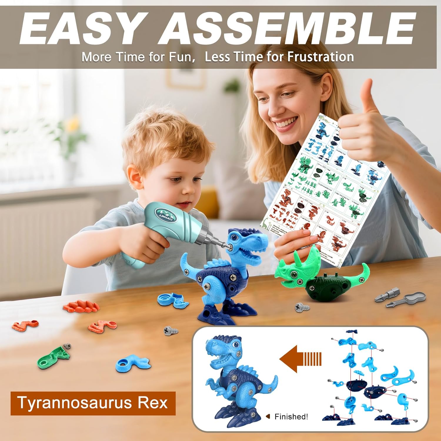 Infographic showing a boy and his mother playing with the Build-A-Dino Engineer Set, featuring an instruction manuals, parts and a drill to make the dinosaur figure.