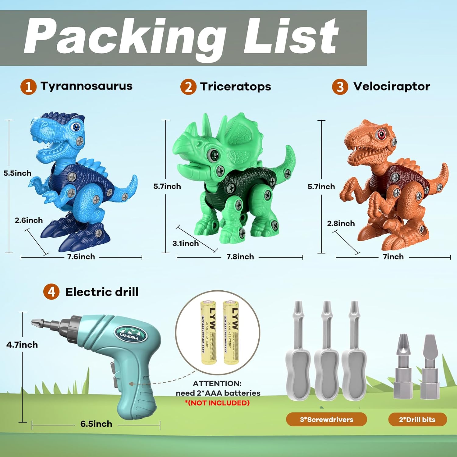Dimensions of the Build-A-Dino Engineer Set and all part featured. 
