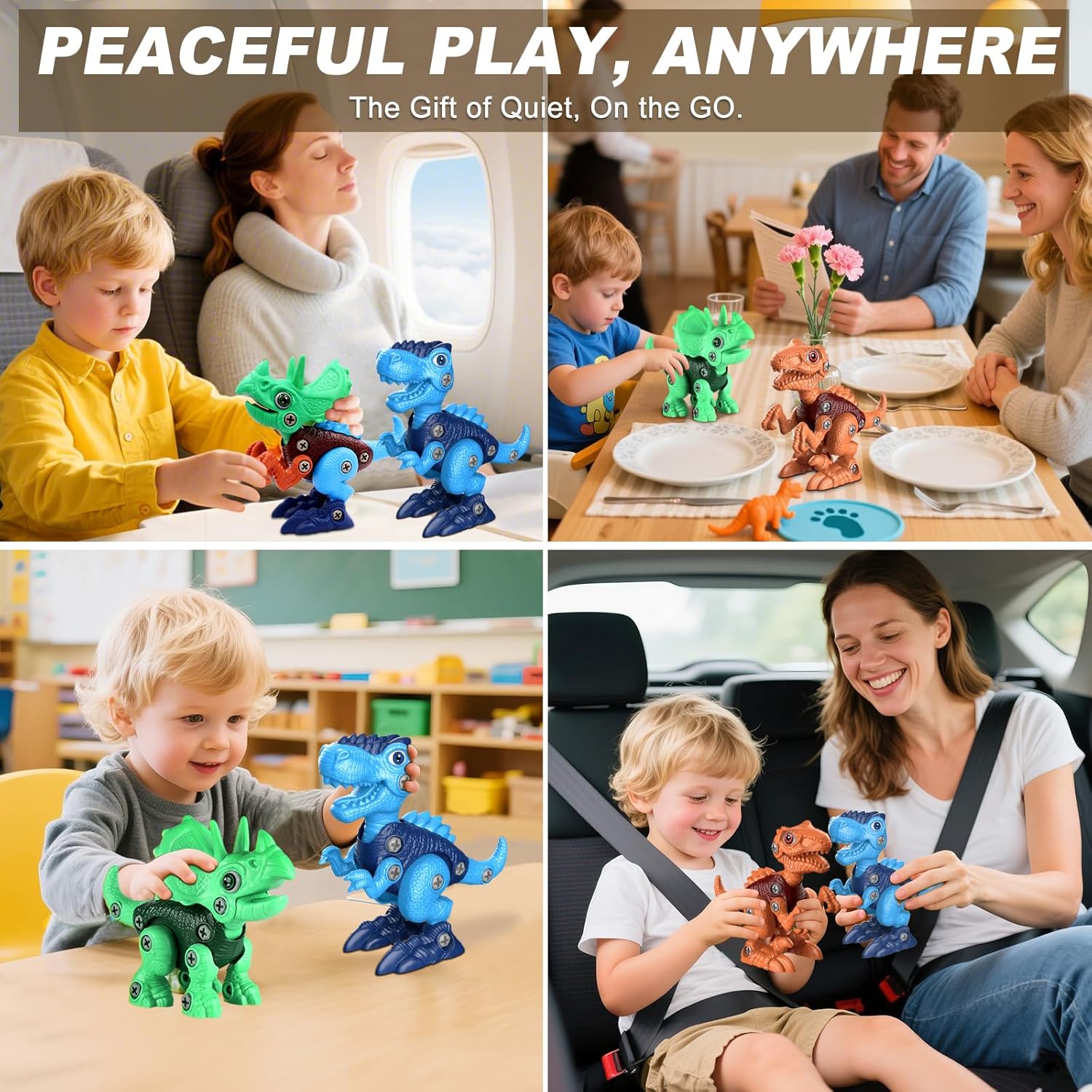 Photo collage showing different situations in which children can play with the Build-A-Dino Engineer Set, emphasizing on quiet and safe play.