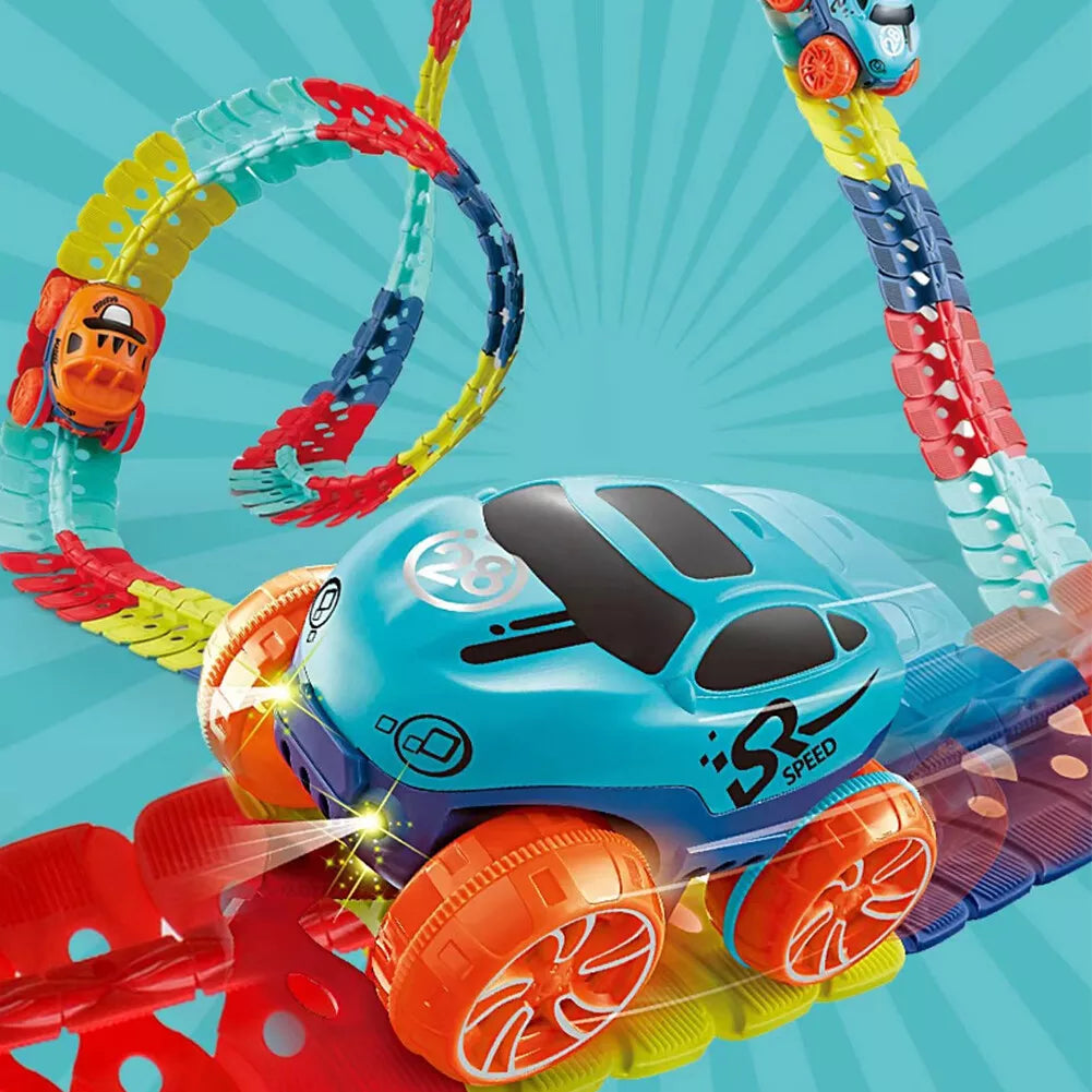 Close up on a blue car featured in the Anti-Gravity Race Track set.