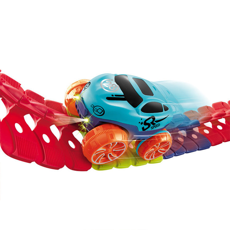 Blue plastic car with orange wheels going on the anti-gravity track. 