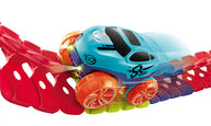 Blue plastic car with orange wheels going on the anti-gravity track. 