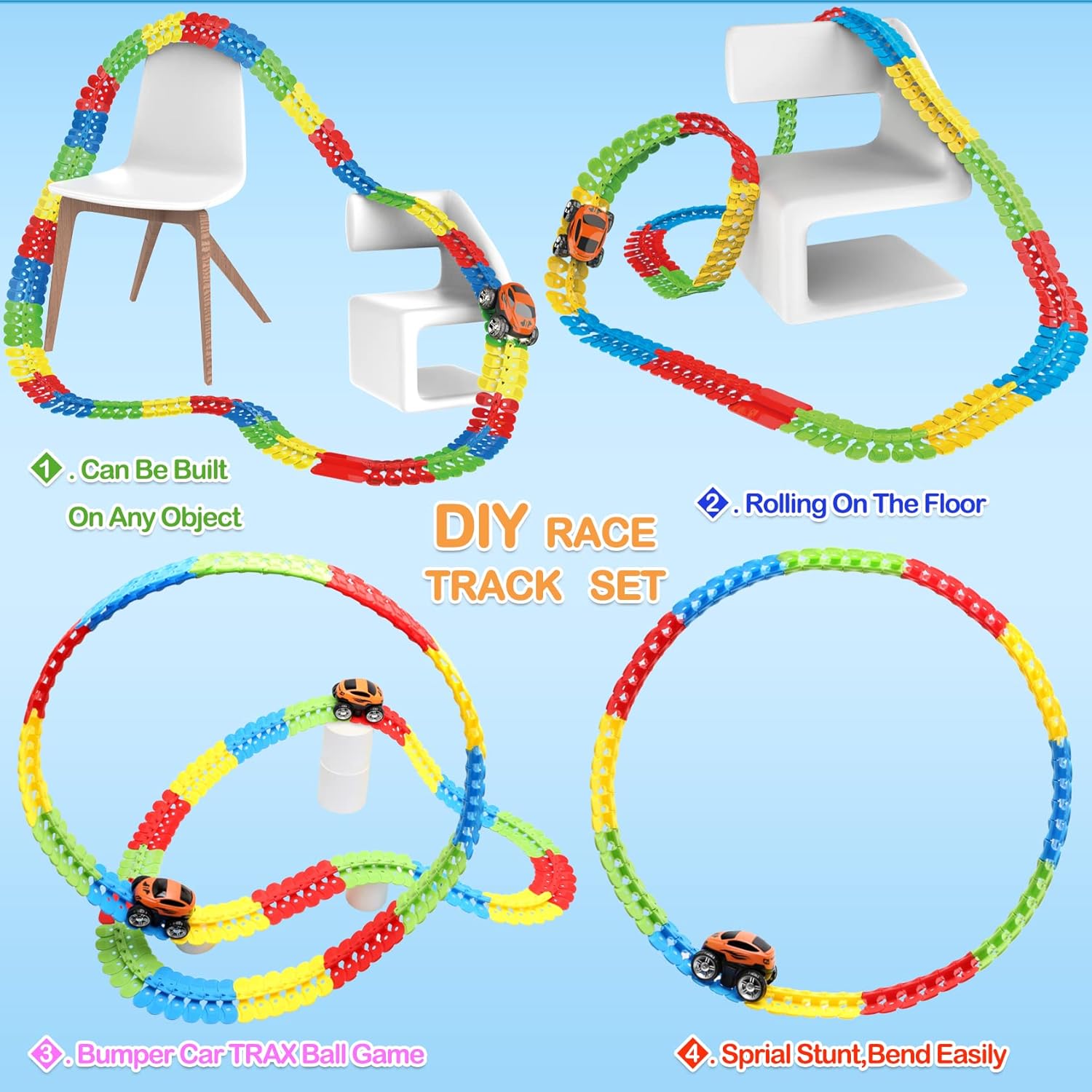 Infographic showcasing the versatility of the Anti-Gravity Race Track set for kids, who can design their tracks however they want and on any surface.