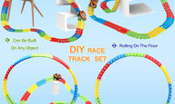 Infographic showcasing the versatility of the Anti-Gravity Race Track set for kids, who can design their tracks however they want and on any surface.