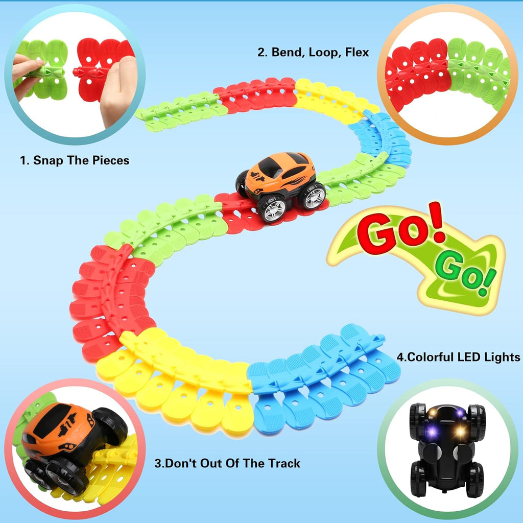 Infographic explaining that children can bend, loop, flex, and snap track pieces of the anti-gravity magnetic car set with LED lights.