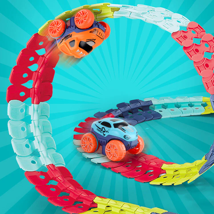 Colorful car race track toy set for children with 92 assembly pieces.