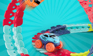 Colorful car race track toy set for children with 92 assembly pieces.