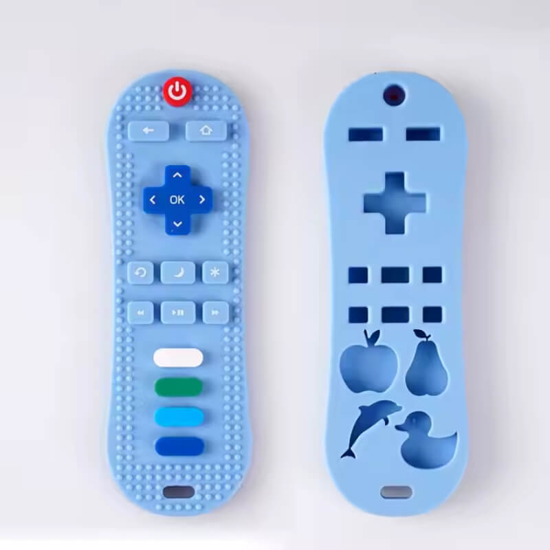 Blue Baby ChewMote teething toy featuring silicone buttons on the front, and cutout shapes on the back, for sensory play.