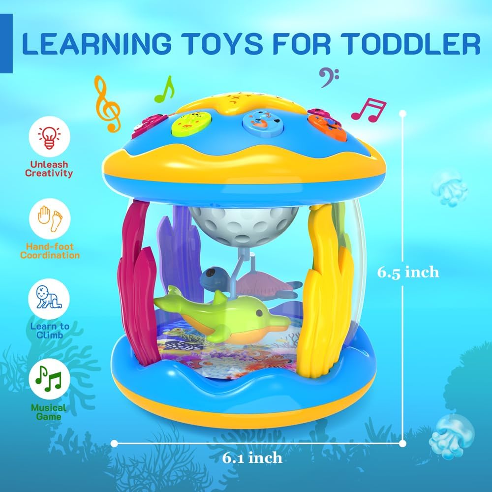 Infographic showcasing benefits of the Baby Musical Spinner toy, such as improving creativity and hand-foot coordination. 