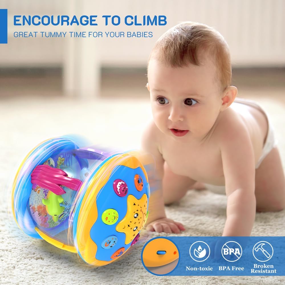 Infographic showing a baby next to a colorful rotating musical toy and text explaining benefits. 