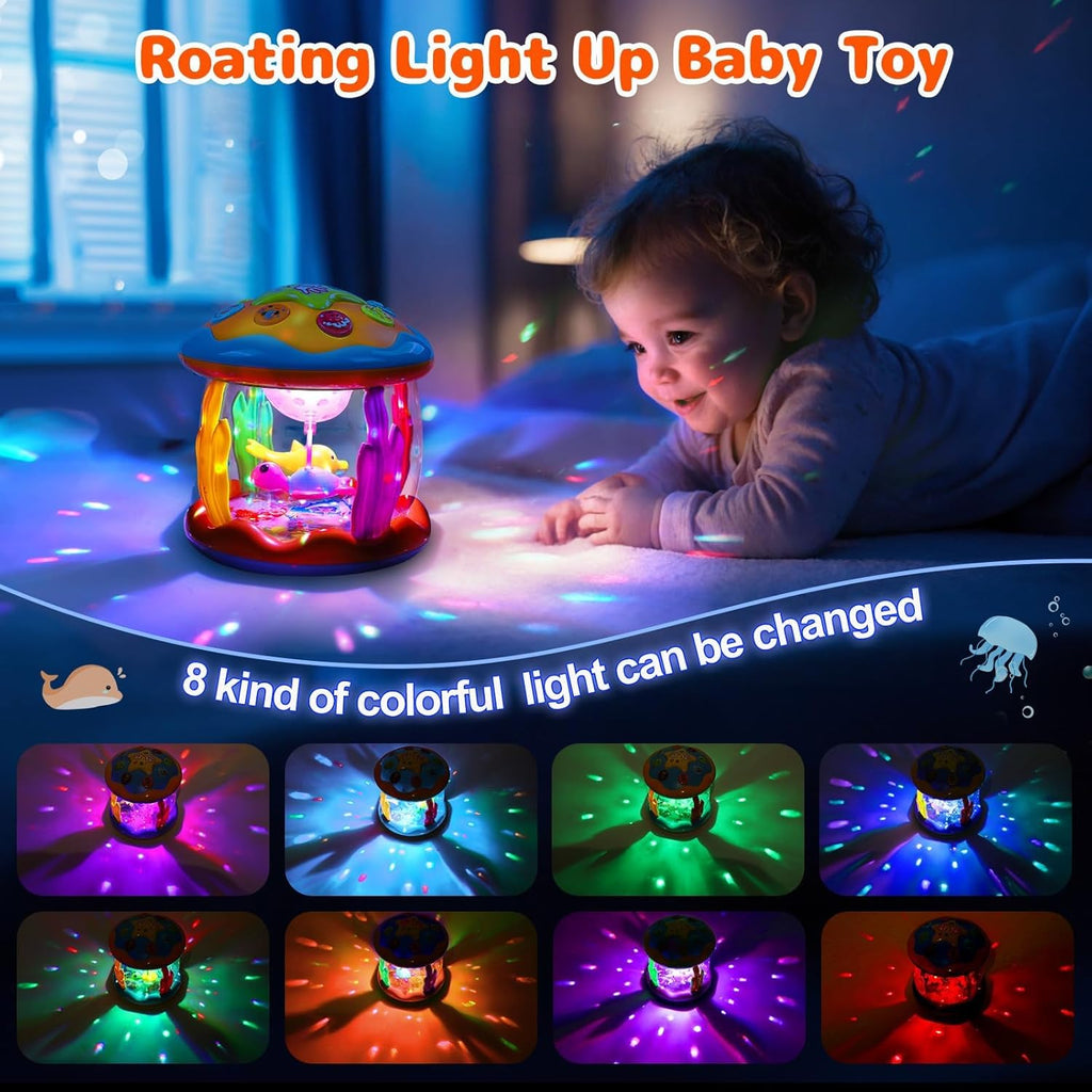 Baby laying next to a glowing Baby Music Spinner toy which lights up the room in eight different colors.