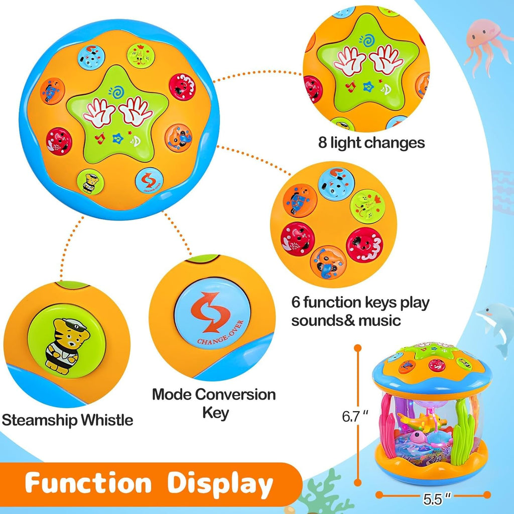 Infographic showcasing all function buttons on the Baby Music Spinner toy. 