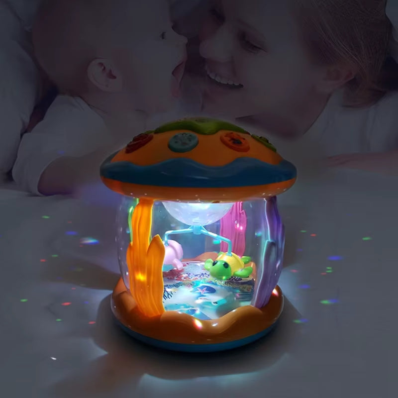 A colorful baby music spinner nightlight with an underwater theme, projecting soft glowing lights in a dark room. A mother and baby are seen smiling in the background, enjoying the soothing ambiance.