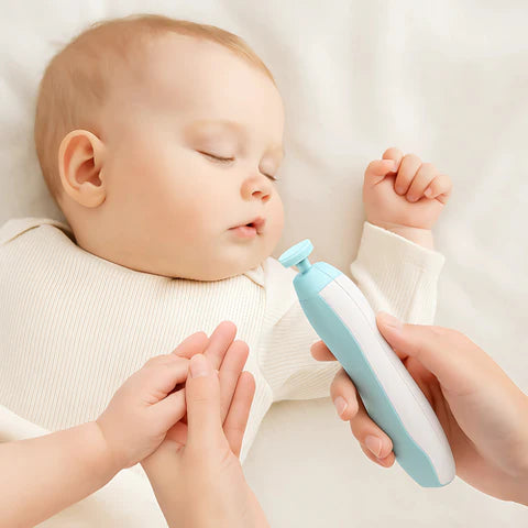 Baby sleeping while mother is trimming her nails using a Baby Nail Trimmer by Smartoon Kids.