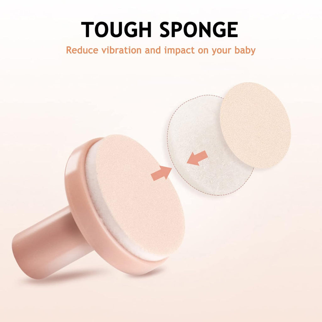Infographic showing a close up on a tough sponge featured on a removable head that is included in the Baby Nail Trimmer set.