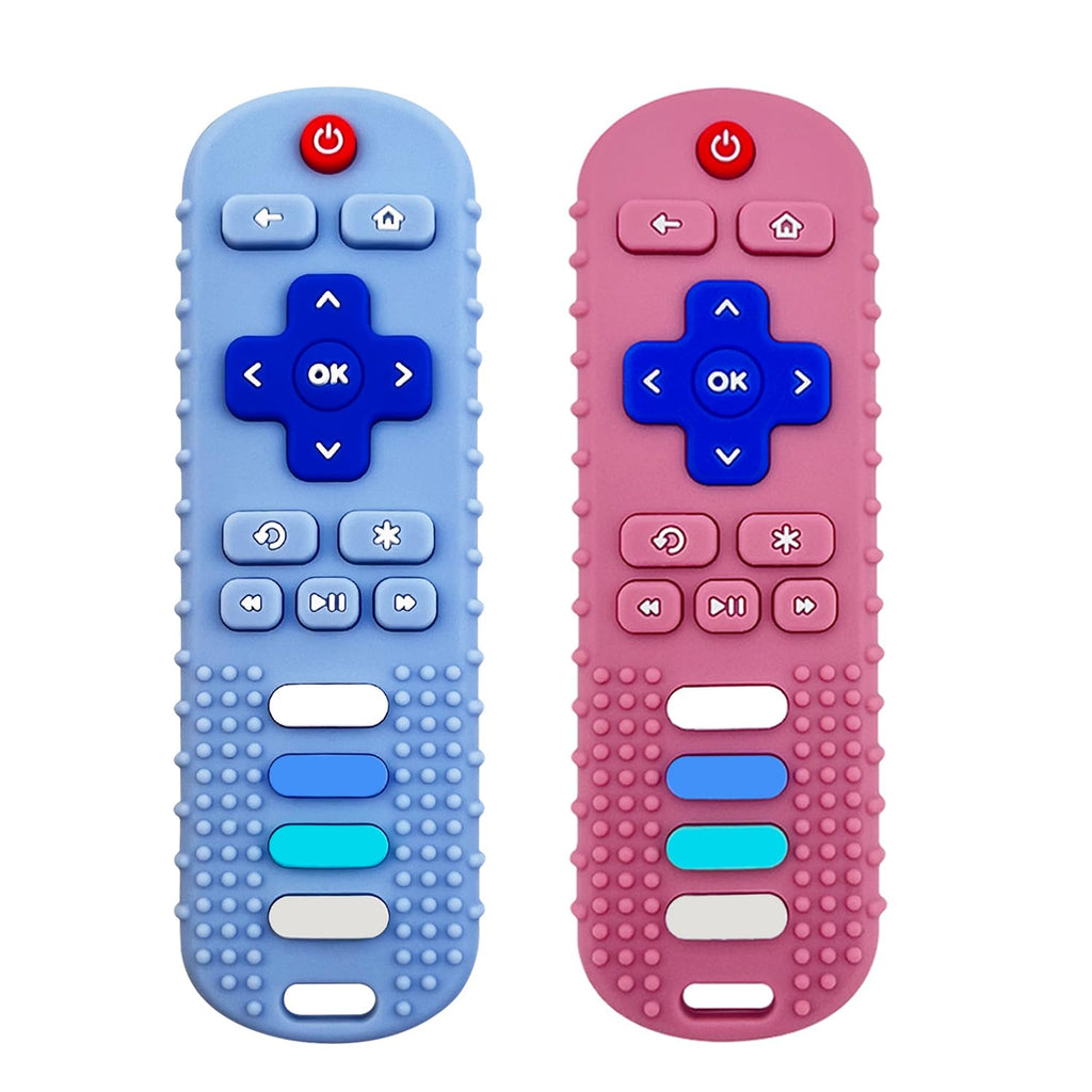 Baby ChewMote teething toy featuring blue and pink silicone remotes. 