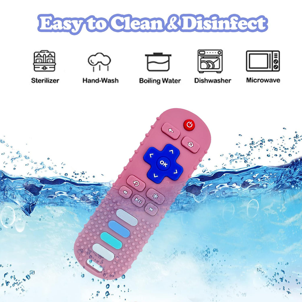 Easy to clean and disinfect silicone remote-shaped teething toy for babies. 