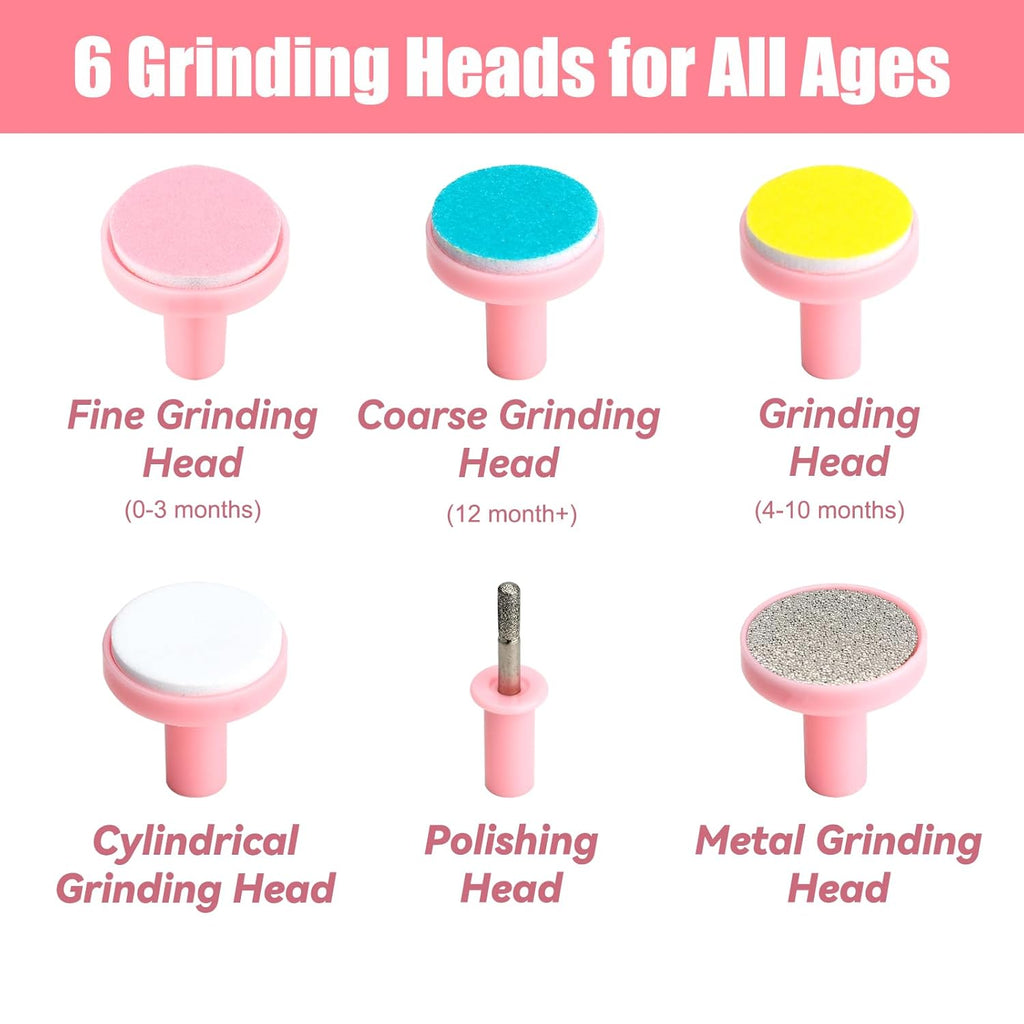 A complete set of six grinding heads included in the baby nail trimmer set by Smartoon Kids.
