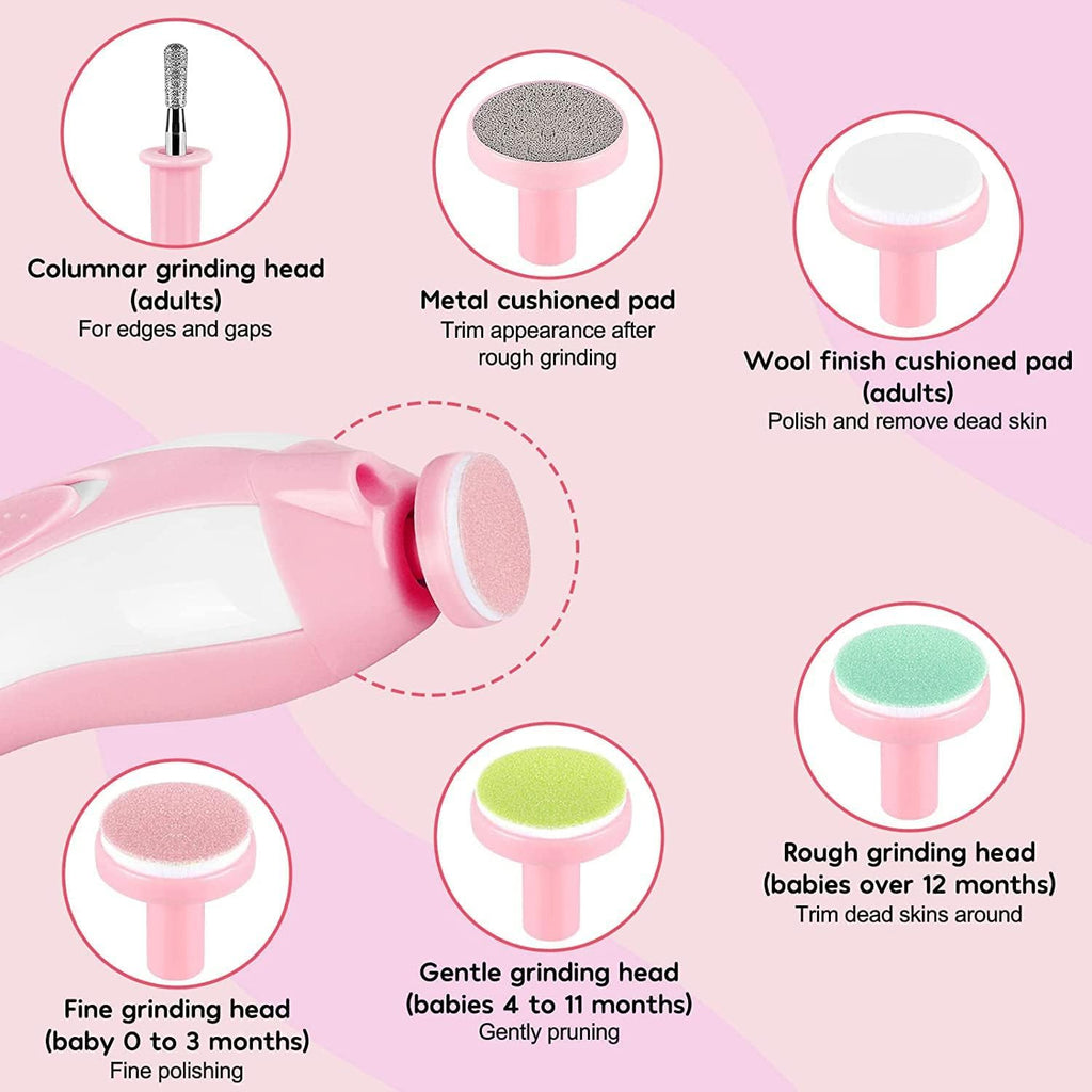 Infographic showcasing all removable heads that come in the Baby Nail Trimmer set. 