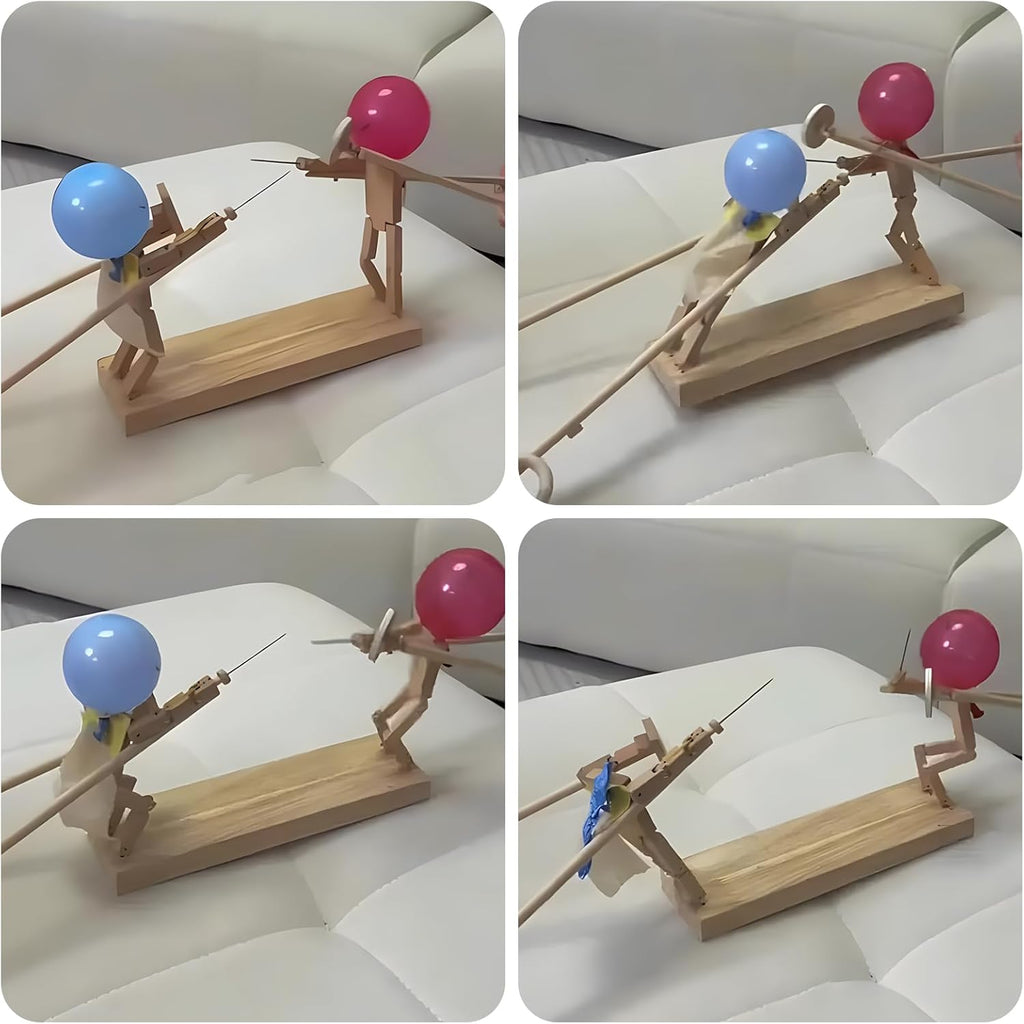 Fun activity for the whole family featuring a wooden base, two knights with balloon heads and swords. 