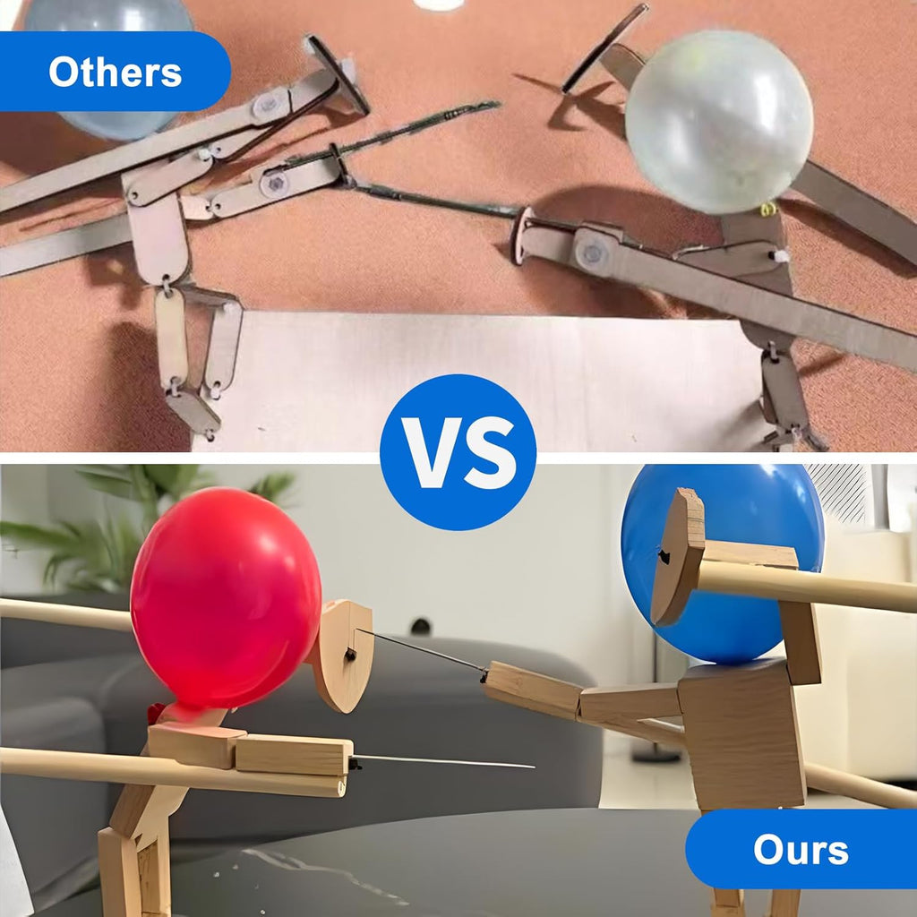 High-quality wooden balloon popping fencing toy compared to a cheaper option. 