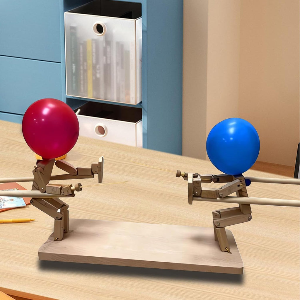 Two-player wooden game featuring wooden figurines with sharp swords and balloon heads. 