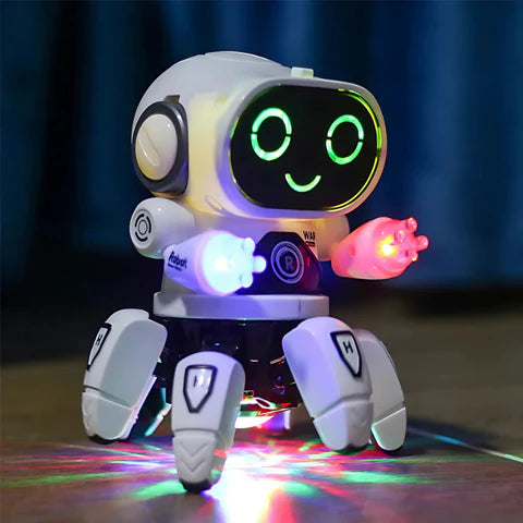 White robot toy with colorful LED lights, music, and octopus-like lefts that move him around. 