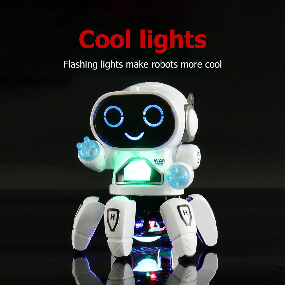 A robot toy for children with five legs that move, face on a black display, flashing lights, and fun sounds. 