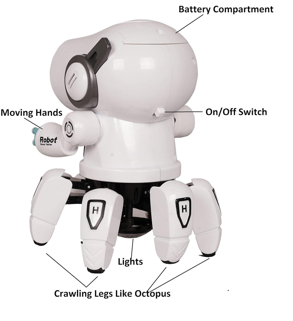 A white interactive robot toy with octopus-like crawling legs, labeled with key features such as a battery compartment, on/off switch, moving hands, and lights. The robot has a futuristic design with black and silver accents.