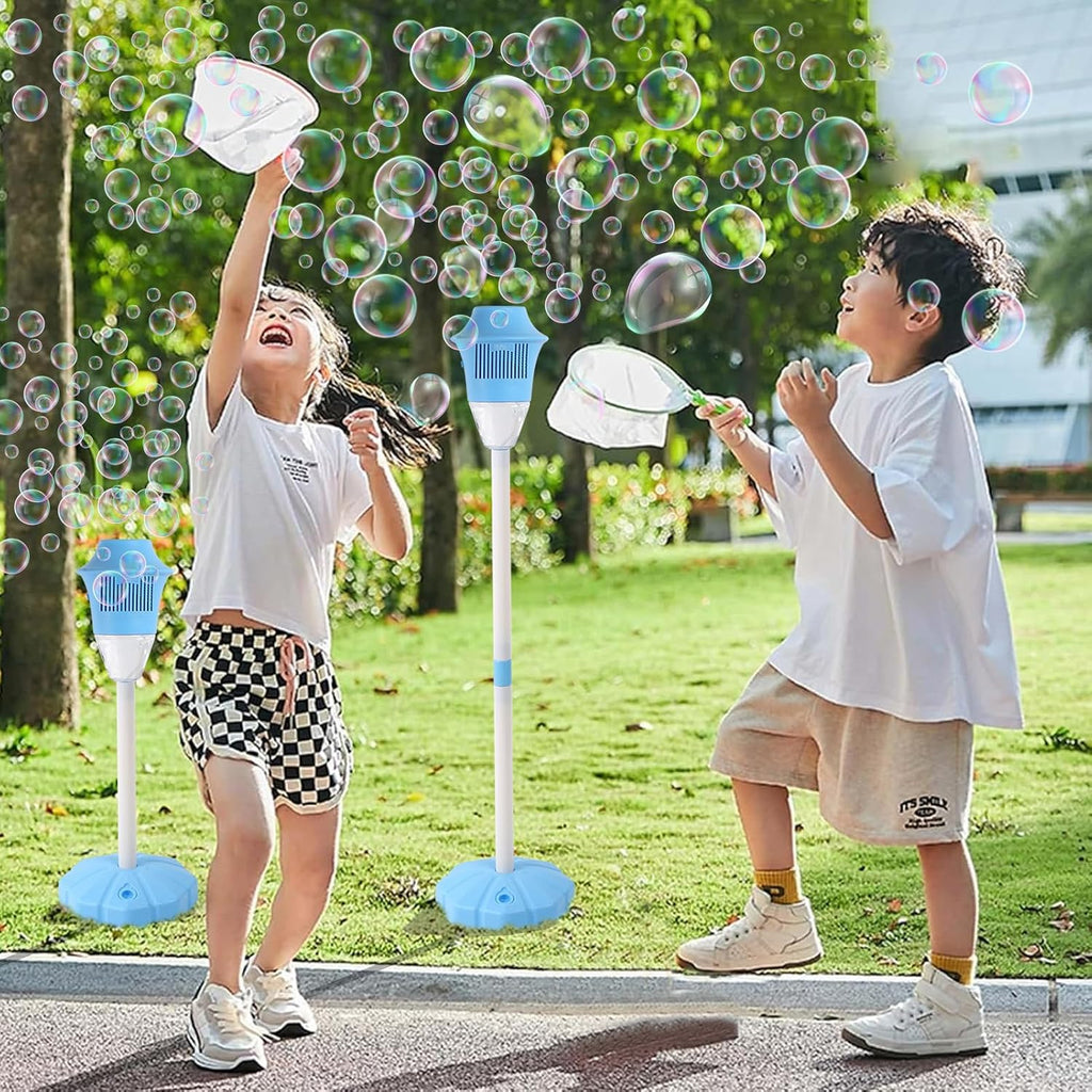 Boy and girl catching bubbles made by the Bubble Torch machine by Smartoon Kids.