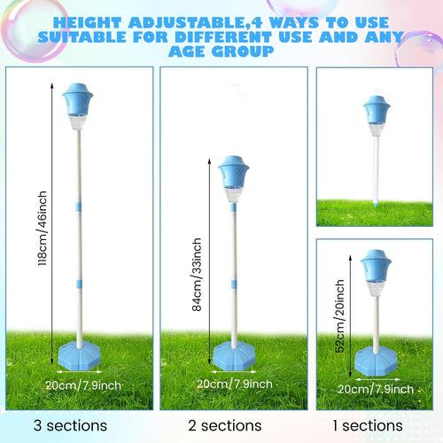Height-adjustable blue bubble machine shown in four configurations with 1, 2, or 3 sections, demonstrating its adaptability for different age groups and outdoor setups.