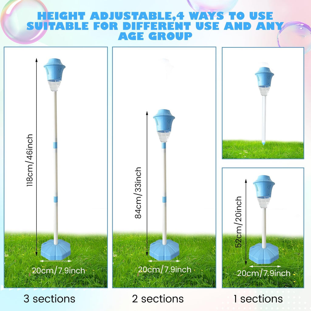 Height-adjustable blue bubble machine shown in four configurations with 1, 2, or 3 sections, demonstrating its adaptability for different age groups and outdoor setups.