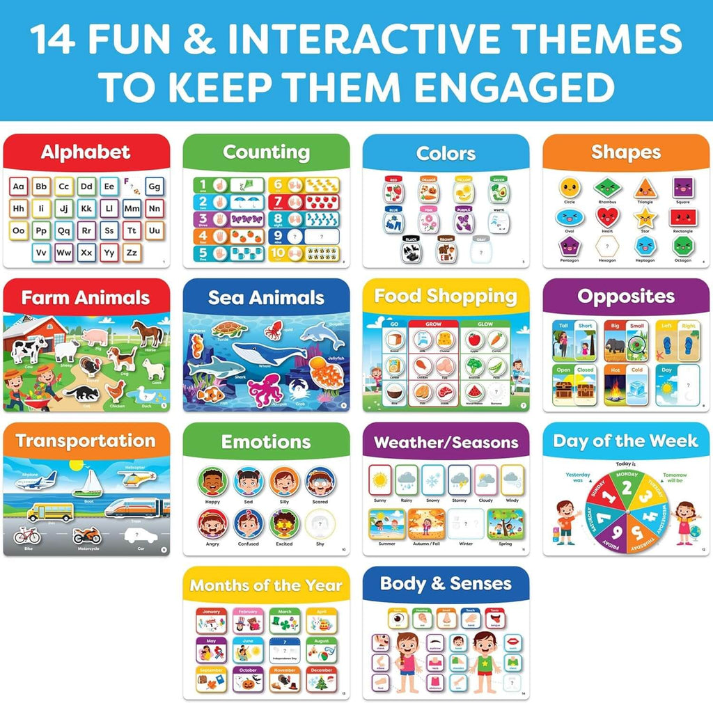 14 activities in the Busy Brain Book featuring alphabet, counting, colors, shapes, farm animals, sea animals, food shopping, opposites, transportation, seasons, day of the week, month of the year, body and senses.